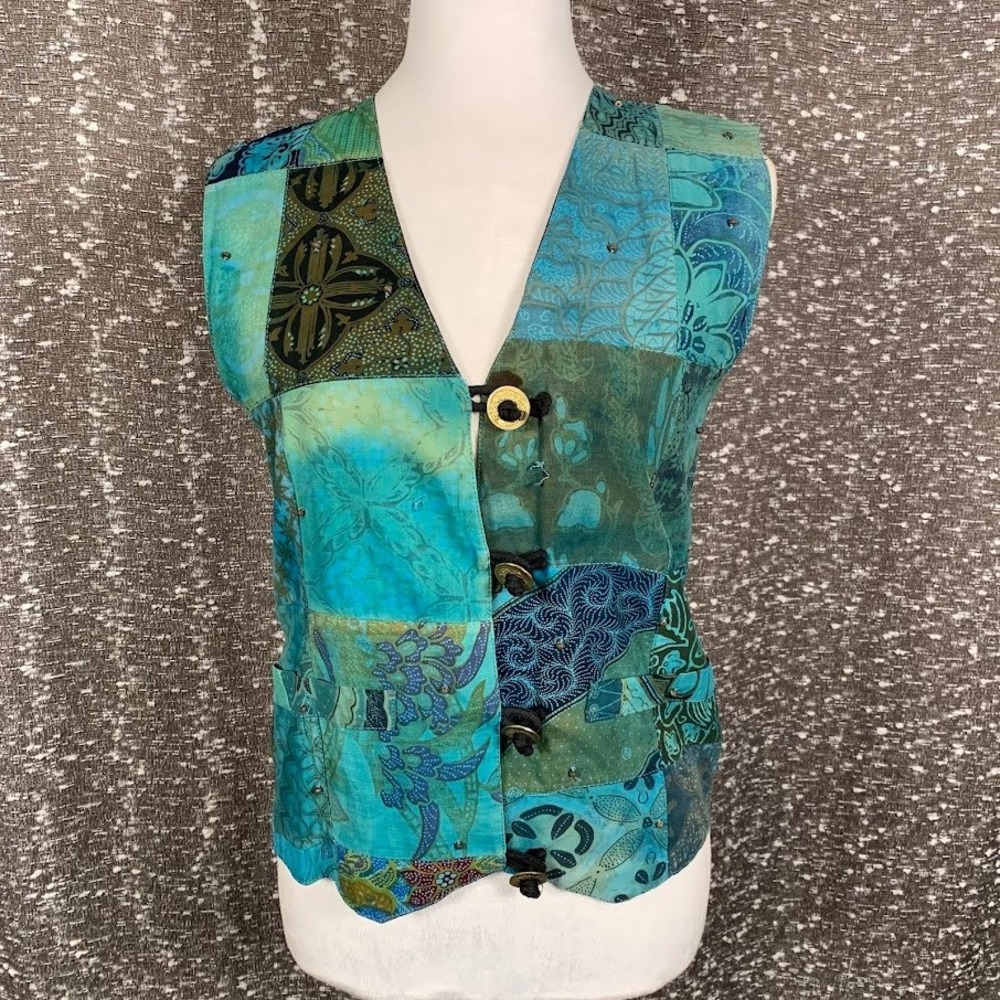 Vintage Creazioni Effeci Blue Patchwork Vest Boho Whimsigoth Women's Small